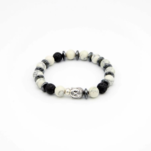 Damen Perlen Armband mit Jade Naturstein schwarz-weiss, Lava und Hematite